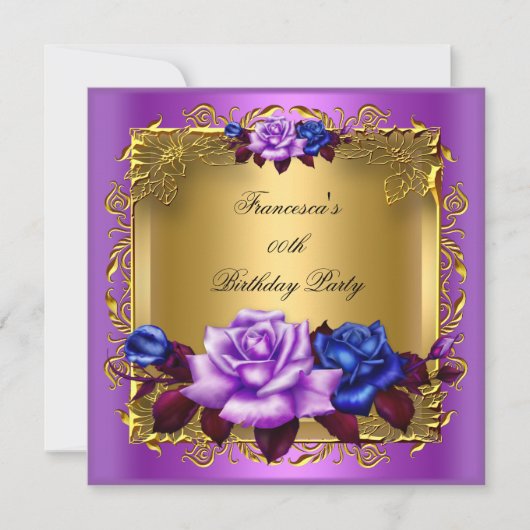 Paarse Blauwe Rozen Gold Elegant Birthday Party Kaart (Voorkant)