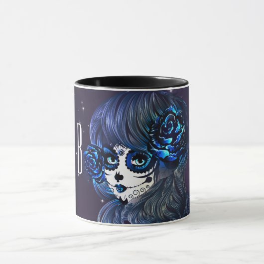 Paarse Blauwe Rozen Sugar Skull Meisje Gepersonali Mok (Midden)