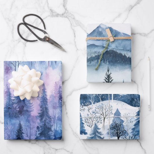 Paarse Blauwe Sneeuwwinterbomen Inpakpapier Vel (Voorkant)