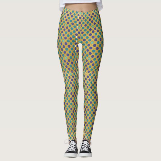Paarse blauwe stippenpatroon op glam golden leggings (Voorkant)