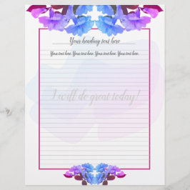 Paarse blauwe trompetbloemen met letterhead briefhoofd