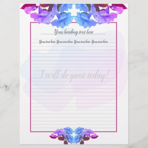 Paarse blauwe trompetbloemen met letterhead briefhoofd