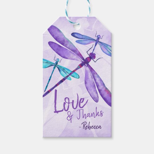 Paarse, Blauwe Turquoise Dragonfly Gift Label Cadeaulabel (Voorkant)