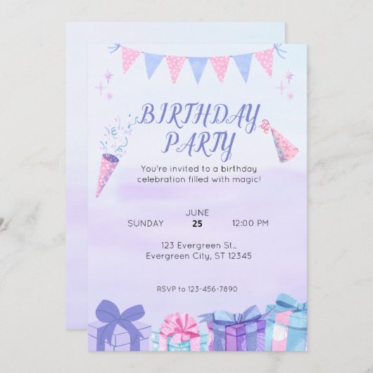 Paarse Blauwe Verjaardags Bash Kaart (Voorkant / Achterkant)