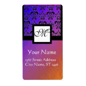 PAARSE BLAUWE VIOLET BLACK DAMASK, SQUARE MONOGRAM ETIKET (Voorkant)