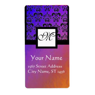 PAARSE BLAUWE VIOLET BLACK DAMASK, SQUARE MONOGRAM ETIKET