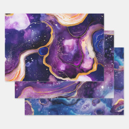 Paarse Blauwe Vloeibare Geode Kunst met Gouden Mar Inpakpapier Vel