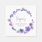 Paarse Blauwe Waterverf Bloemen 100ste Verjaardag Servet (Voorkant)