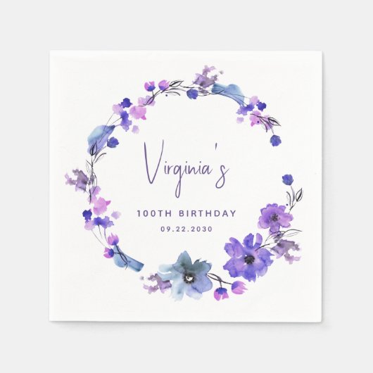Paarse Blauwe Waterverf Bloemen 100ste Verjaardag Servet (Voorkant)