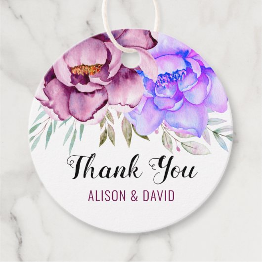 Paarse, blauwe waterverf bloemen bloemen bruiloft bedankjes labels (Voorkant)