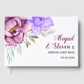 Paarse, blauwe waterverf bloemen bloemen bruiloft gastenboek (Voorkant)
