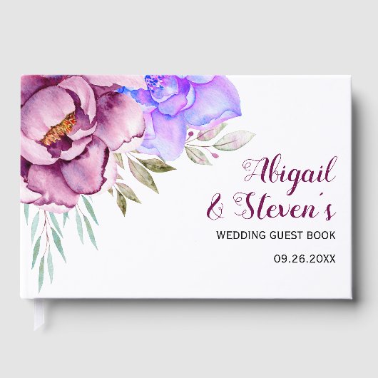 Paarse, blauwe waterverf bloemen bloemen bruiloft gastenboek (Voorkant)