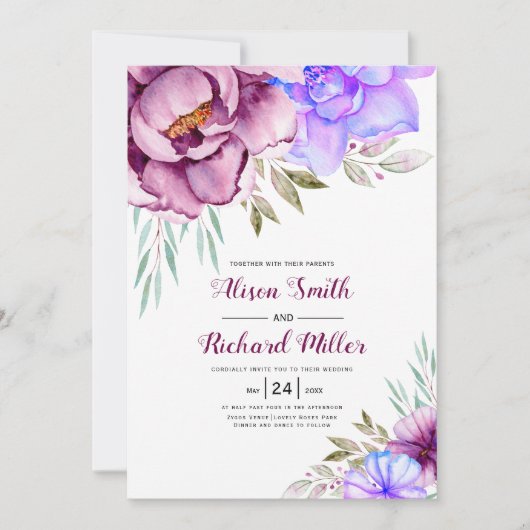 Paarse, blauwe waterverf bloemen bloemen bruiloft kaart (Voorkant)