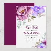 Paarse, blauwe waterverf bloemen bloemen bruiloft kaart (Voorkant / Achterkant)