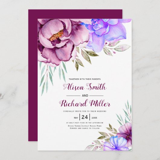 Paarse, blauwe waterverf bloemen bloemen bruiloft kaart (Voorkant / Achterkant)