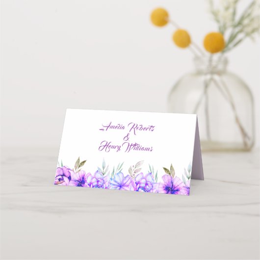 Paarse, blauwe waterverf bloemen bloemen bruiloft plaatskaartje (Achterkant)