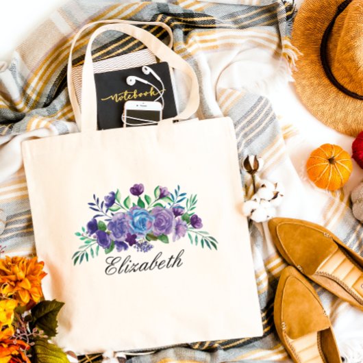 Paarse blauwe Waterverf bloemen Bridesmaid Gift Tote Bag