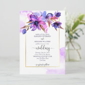 Paarse blauwe waterverf bloemen bruiloft sjabloon kaart (Staand voorkant)