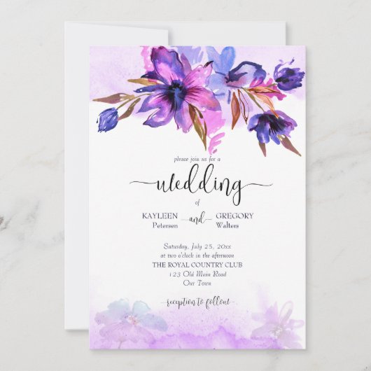 Paarse blauwe waterverf bloemen bruiloft sjabloon kaart (Voorkant)