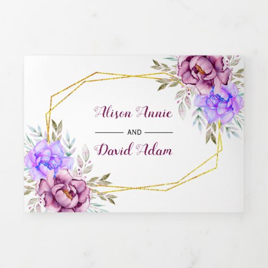 Paarse, blauwe waterverf bloemen met RSVP bruiloft Drieluik Uitnodiging (Cover)