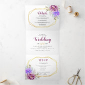 Paarse, blauwe waterverf bloemen met RSVP bruiloft Drieluik Uitnodiging (Binnen)