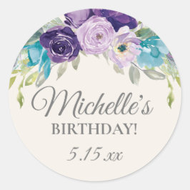 Paarse Blauwe Waterverf Bloemen Verjaardagsfeest Ronde Sticker