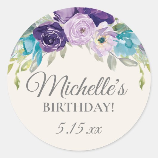 Paarse Blauwe Waterverf Bloemen Verjaardagsfeest Ronde Sticker (Voorkant)