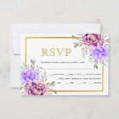 Paarse blauwe waterverf bloemetjes gouden lijst br RSVP kaartje (Voorkant)