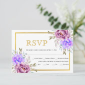 Paarse blauwe waterverf bloemetjes gouden lijst br RSVP kaartje (Staand voorkant)