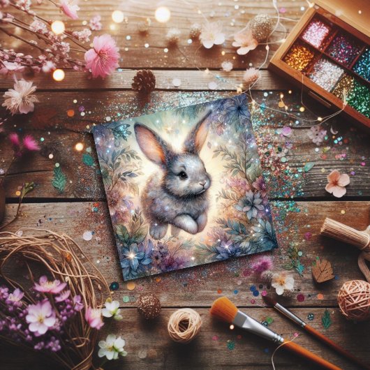 Paarse Blauwe Waterverf Bunny Glitter Flower Easte Feestdagenkaart