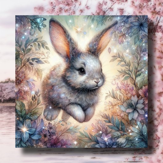 Paarse Blauwe Waterverf Bunny Glitter Flower Easte Feestdagenkaart
