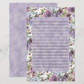 Paarse blauwe Waterverf Floral gelijnd Briefpapier (Voorkant / Achterkant)