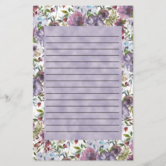 Paarse blauwe Waterverf Floral gelijnd Briefpapier (Voorkant)