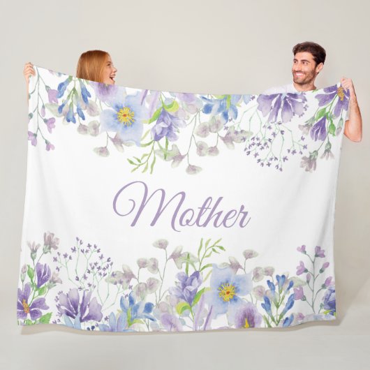 Paarse Blauwe Waterverf Floral Moeder Fleece Deken (In situ)