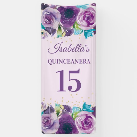 Paarse blauwe Waterverf Floral Quinceañera Spandoek (Verticaal)