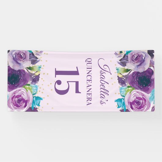 Paarse blauwe Waterverf Floral Quinceañera Spandoek (Horizontaal)