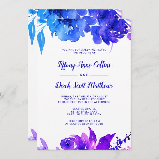 Paarse Blauwe Waterverf Floral Weddenschap Kaart (Voorkant / Achterkant)