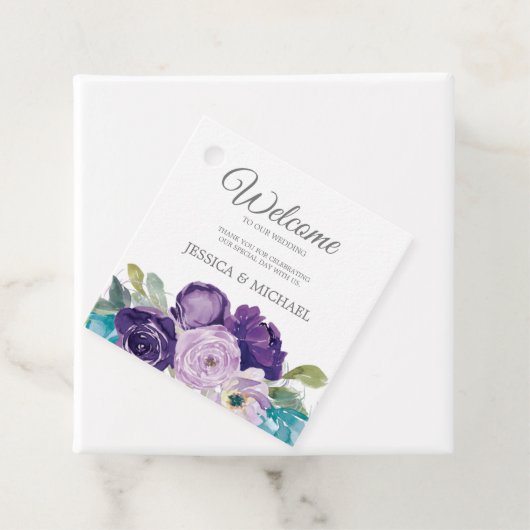 Paarse blauwe Waterverf Floral Wedding Bedankjes Labels (In situ)
