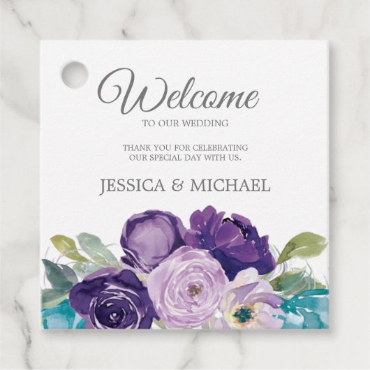 Paarse blauwe Waterverf Floral Wedding Bedankjes Labels (Voorkant)