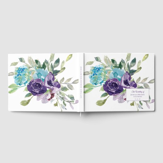 Paarse blauwe Waterverf Floral Wedding Gastenboek (Volledig)