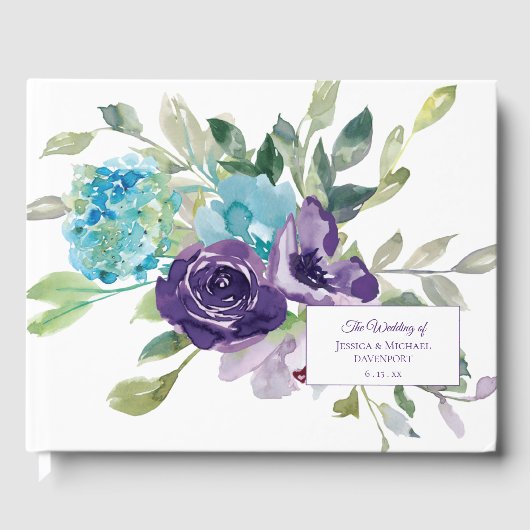 Paarse blauwe Waterverf Floral Wedding Gastenboek (Voorkant)