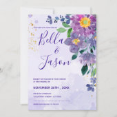  Paarse blauwe Waterverf Floral Wedding Kaart (Voorkant)