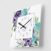 Paarse Blauwe Waterverf Floral White Name Vierkante Klok (Hoek)