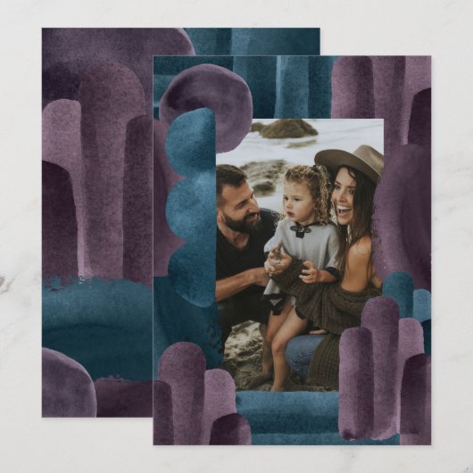 Paarse blauwe waterverf foto Kerstvakantie Feestdagenkaart (Voorkant / Achterkant)