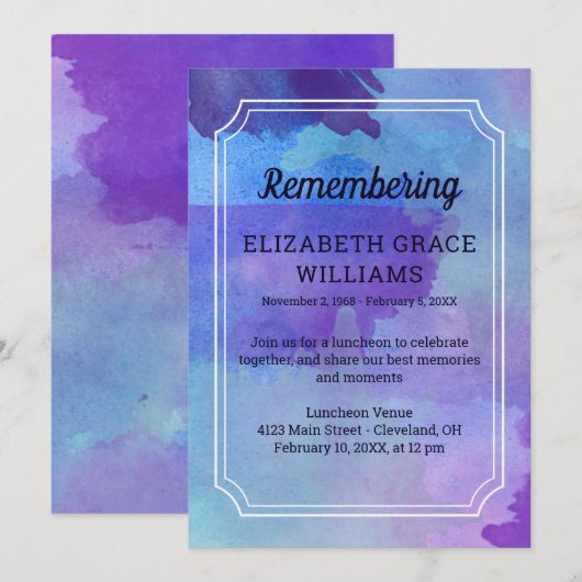 Paarse Blauwe Waterverf Herdenking Memorial Kaart (Voorkant / Achterkant)