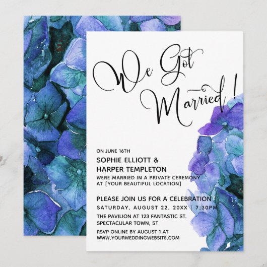 Paarse blauwe Waterverf Hydrangea We zijn getrouwd Kaart (Voorkant / Achterkant)