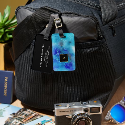 Paarse blauwe waterverf spatten gouden monogram bagagelabel (Voorkant /achterkant)