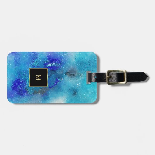 Paarse blauwe waterverf spatten gouden monogram bagagelabel (Voorkant horizontaal)