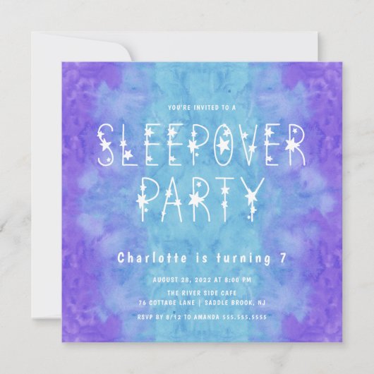 Paarse blauwe Waterverf Starry Girls Sleepover Inv Kaart (Voorkant)
