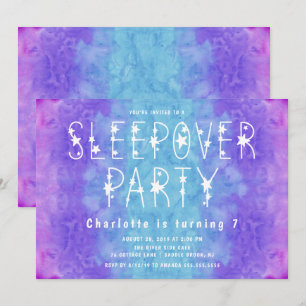 Paarse Blauwe Waterverf Sterrenmeisjes Sleepover Kaart